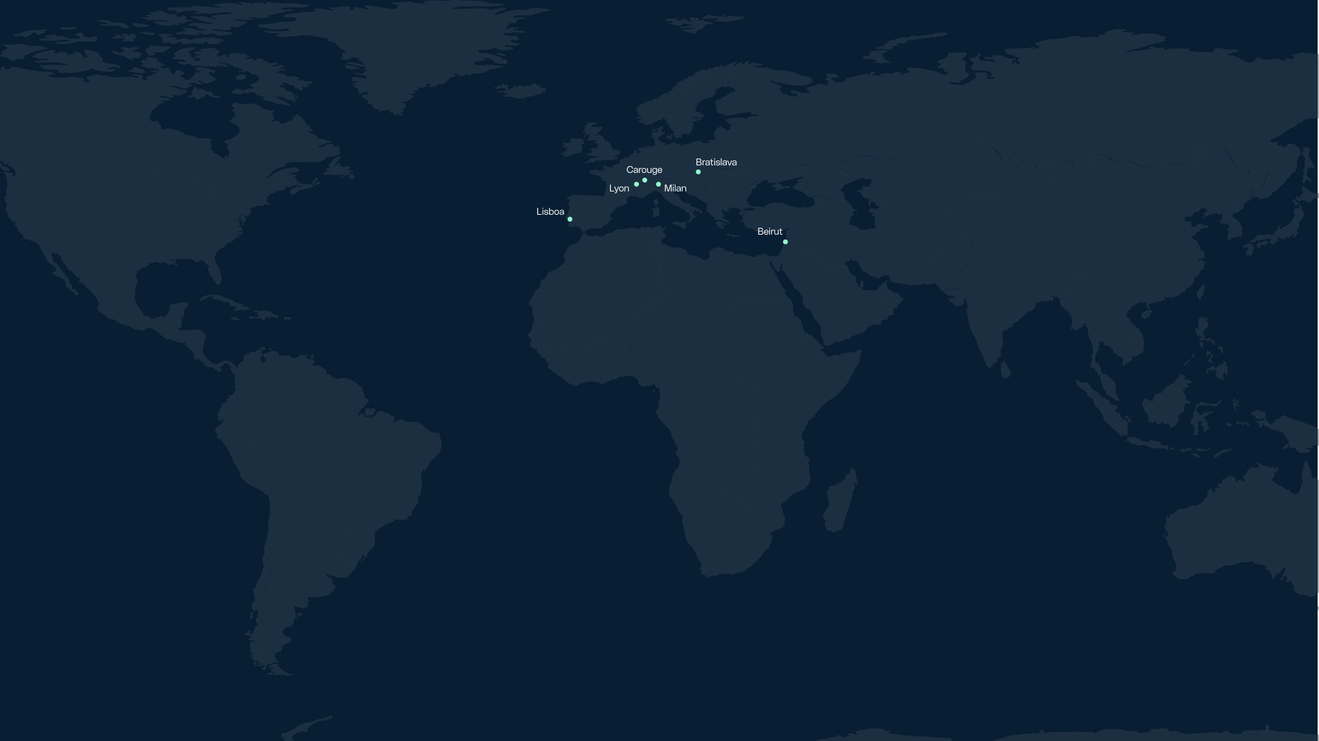 Carte du monde des filiales d'Equadis en France, en Suisse, au Portugal, au Liban et en Sl
